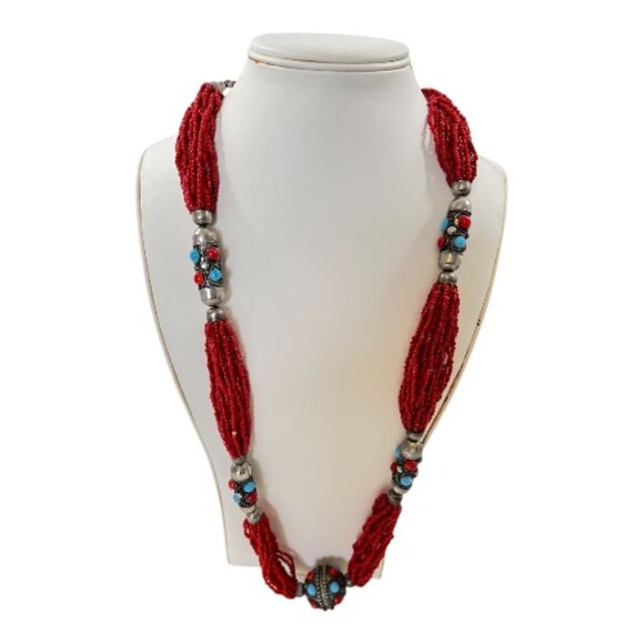 VTG Multi-strand Coral/ Turquoise Colored Statement Necklace with Tibetan Silver - Picture 5 of 6